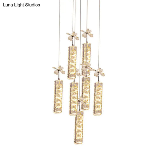 Modern Led Multi Pendant Light With Cut Crystal Linear And Flower Drop Design In Chrome Finish