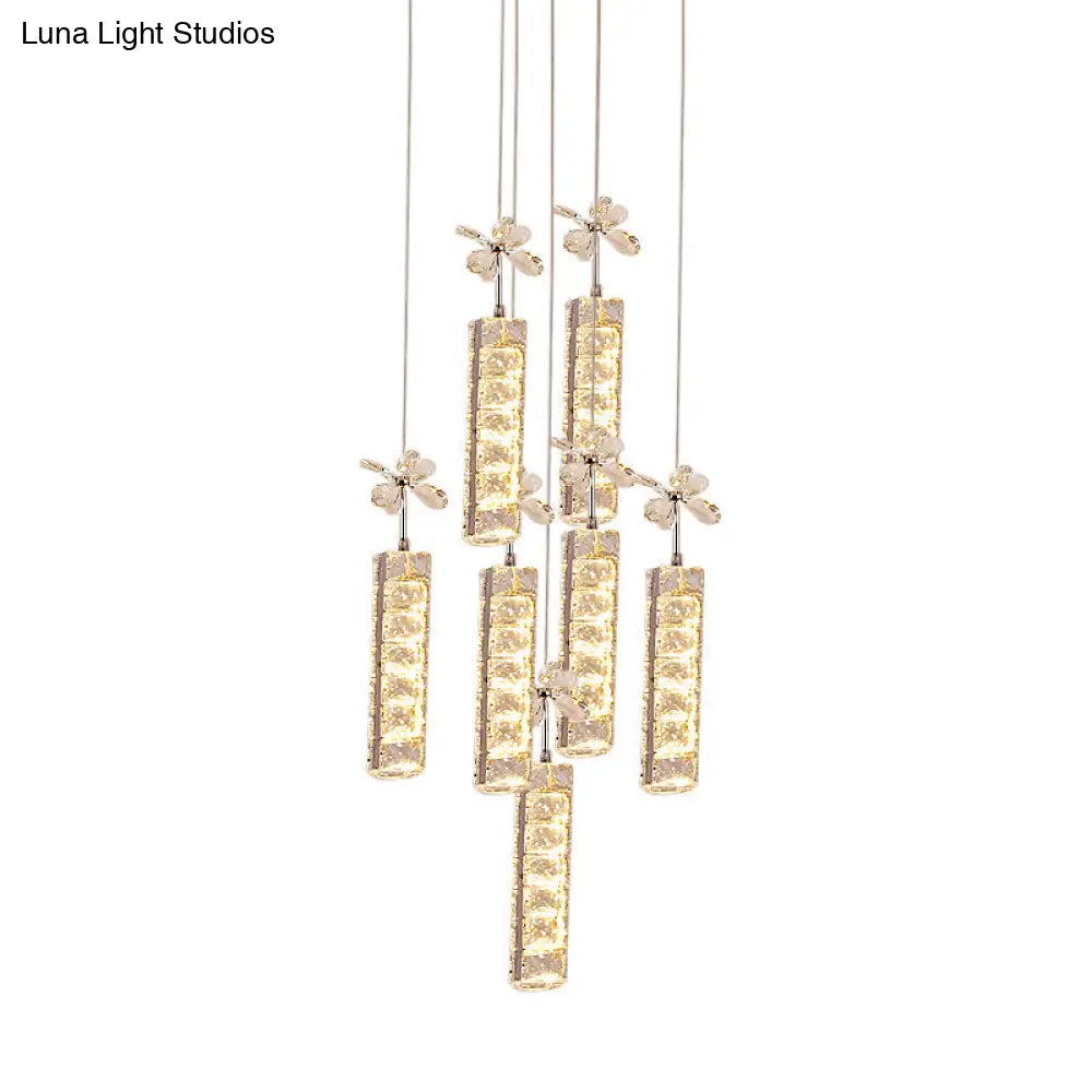 Modern Led Crystal Pendant Light With Chrome Canopy - Linear And Flower Drop Design