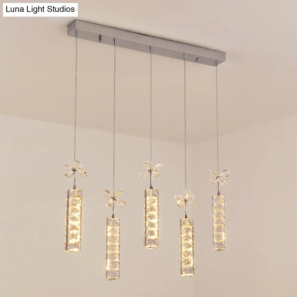 Modern Led Crystal Pendant Light With Chrome Canopy - Linear And Flower Drop Design