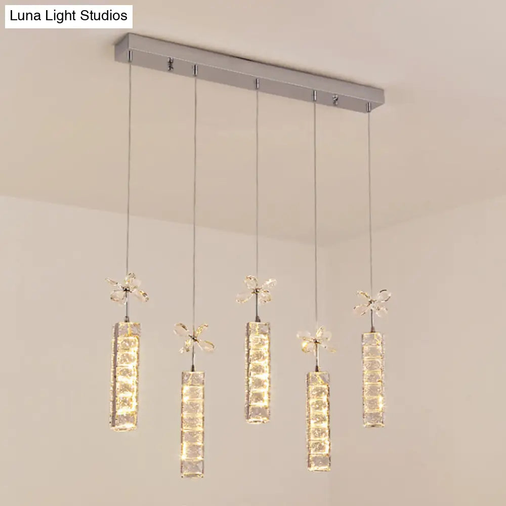 Modern Led Multi Pendant Light With Cut Crystal Linear And Flower Drop Design In Chrome Finish