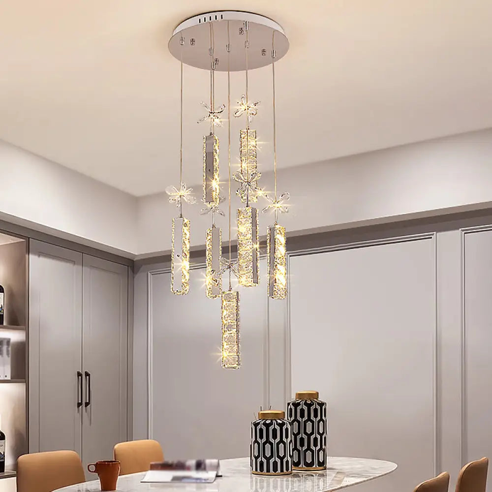 Modern Led Crystal Pendant Light With Chrome Canopy - Linear And Flower Drop Design / Round