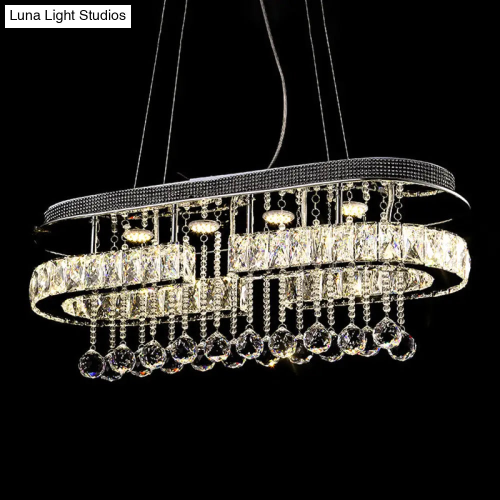 Modern Led Crystal Pendant Light With Stainless Steel Frame And Tassel Accents