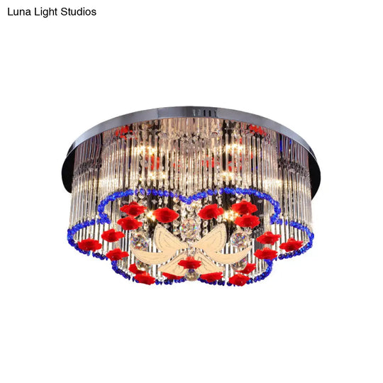 Modern Led Crystal Prism Ceiling Light With Flower Design In Blue And Red 19.5’/23.5’ Width
