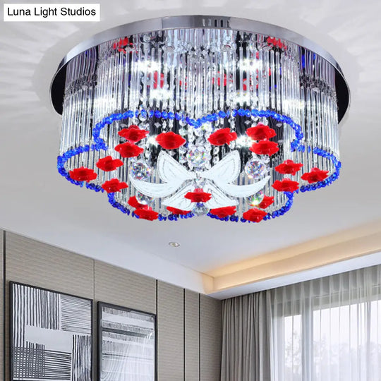 Modern Led Crystal Prism Ceiling Light With Flower Design In Blue And Red 19.5’/23.5’ Width