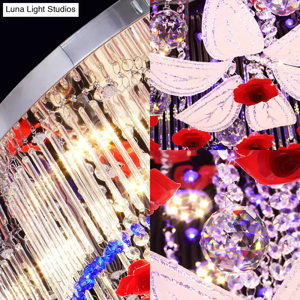 Modern Led Crystal Prism Ceiling Light With Flower Design In Blue And Red 19.5/23.5 Width