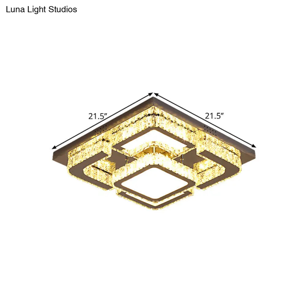 Modern Led Crystal Semi Flush Ceiling Light - Square Shape With Rectangular-Cut Crystals Stainless