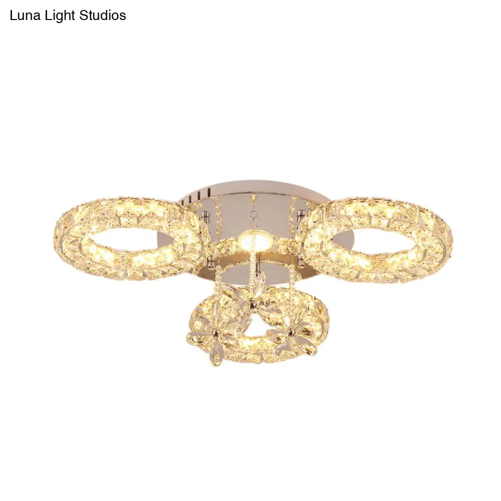 Modern Led Crystal Semi Flush Lamp With Nickel Hoop And Flower Design For Close To Ceiling Lighting