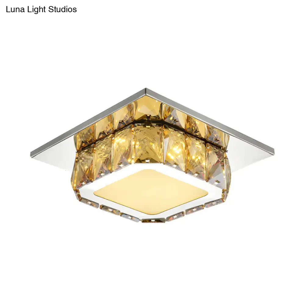 Modern Led Crystal Square Flush Mount Lamp In Clear/Amber With 3 Color Options