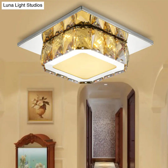 Modern Led Crystal Square Flush Mount Lamp In Clear/Amber With 3 Color Options Amber / Neutral (3500