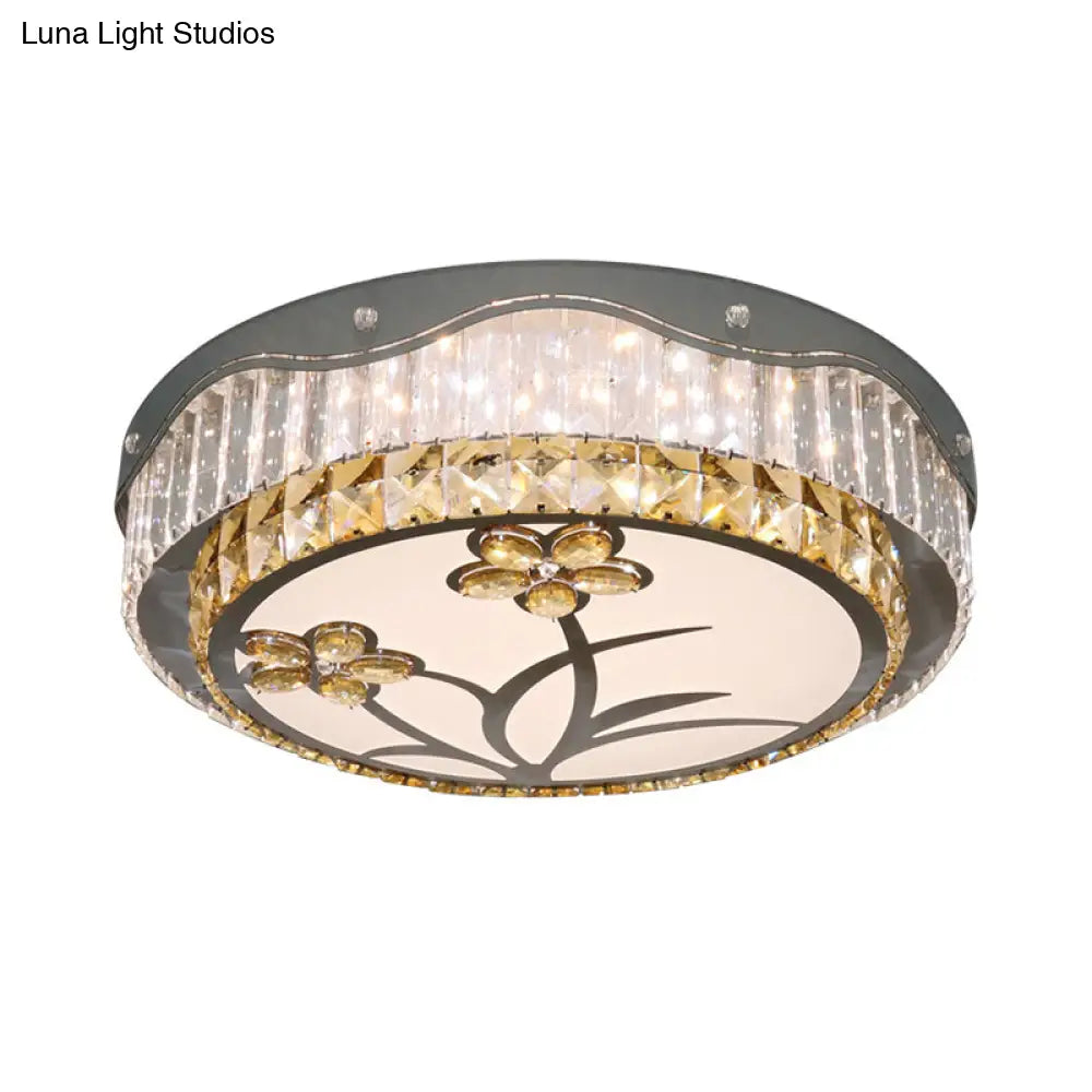Modern Led Drum Ceiling Lamp With Chrome Finish & Rectangular-Cut Crystals For Bedchamber Lighting