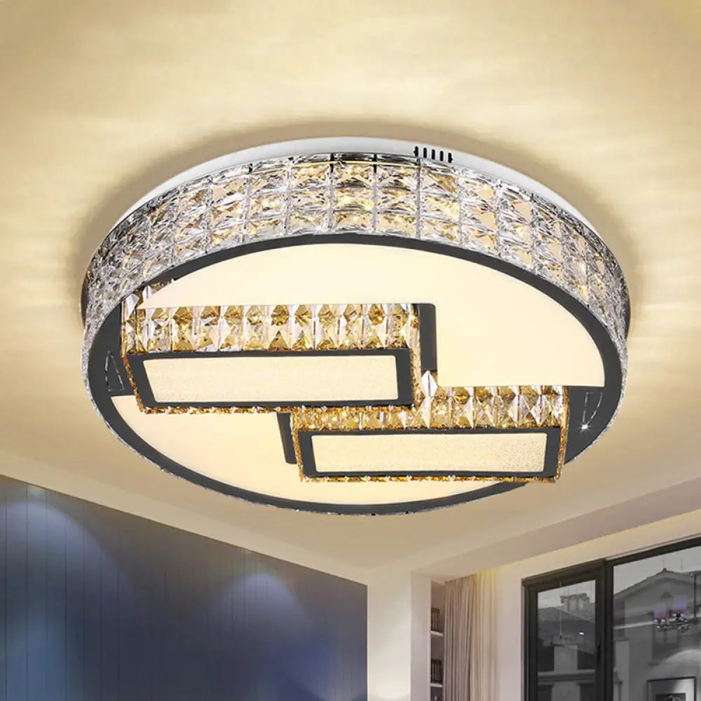 Modern Led Drum Close To Ceiling Lighting Fixture - Stainless Steel With Crystal Flushmount