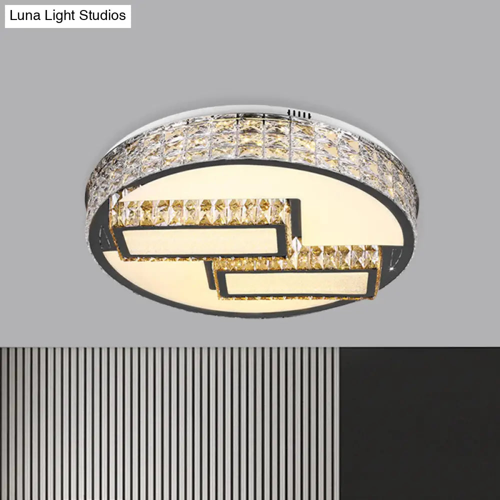 Modern Led Drum Close To Ceiling Lighting Fixture - Stainless Steel With Crystal Flushmount