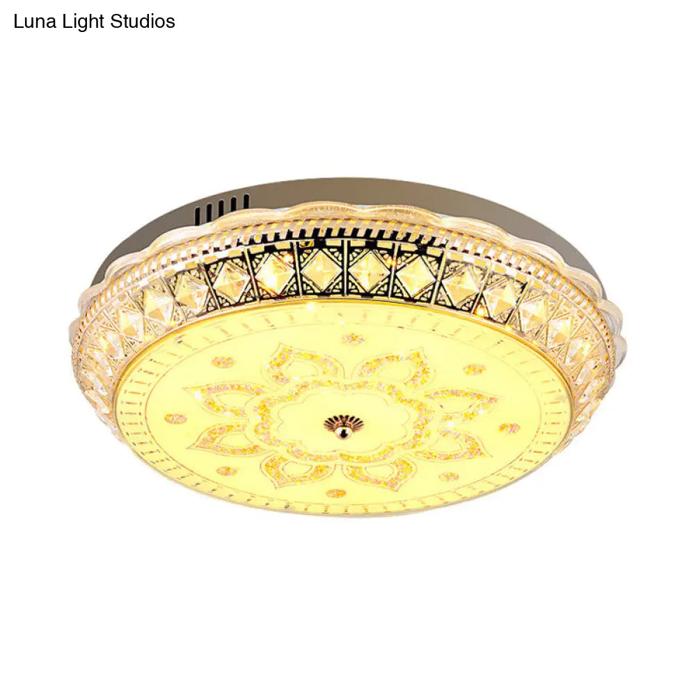 Modern Led Drum Flushmount Ceiling Light With Clear Crystal Embellishments And Flower Pattern For