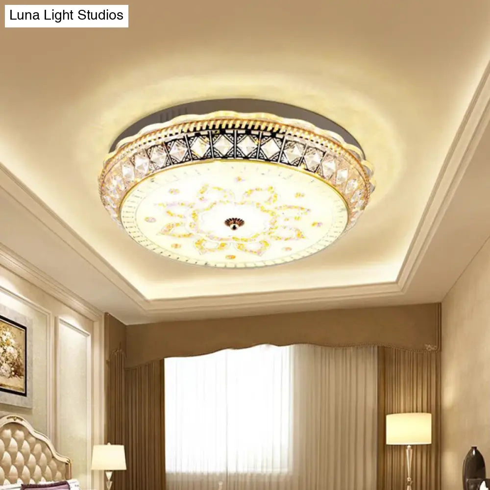 Modern Led Drum Flushmount Ceiling Light With Clear Crystal Embellishments And Flower Pattern For