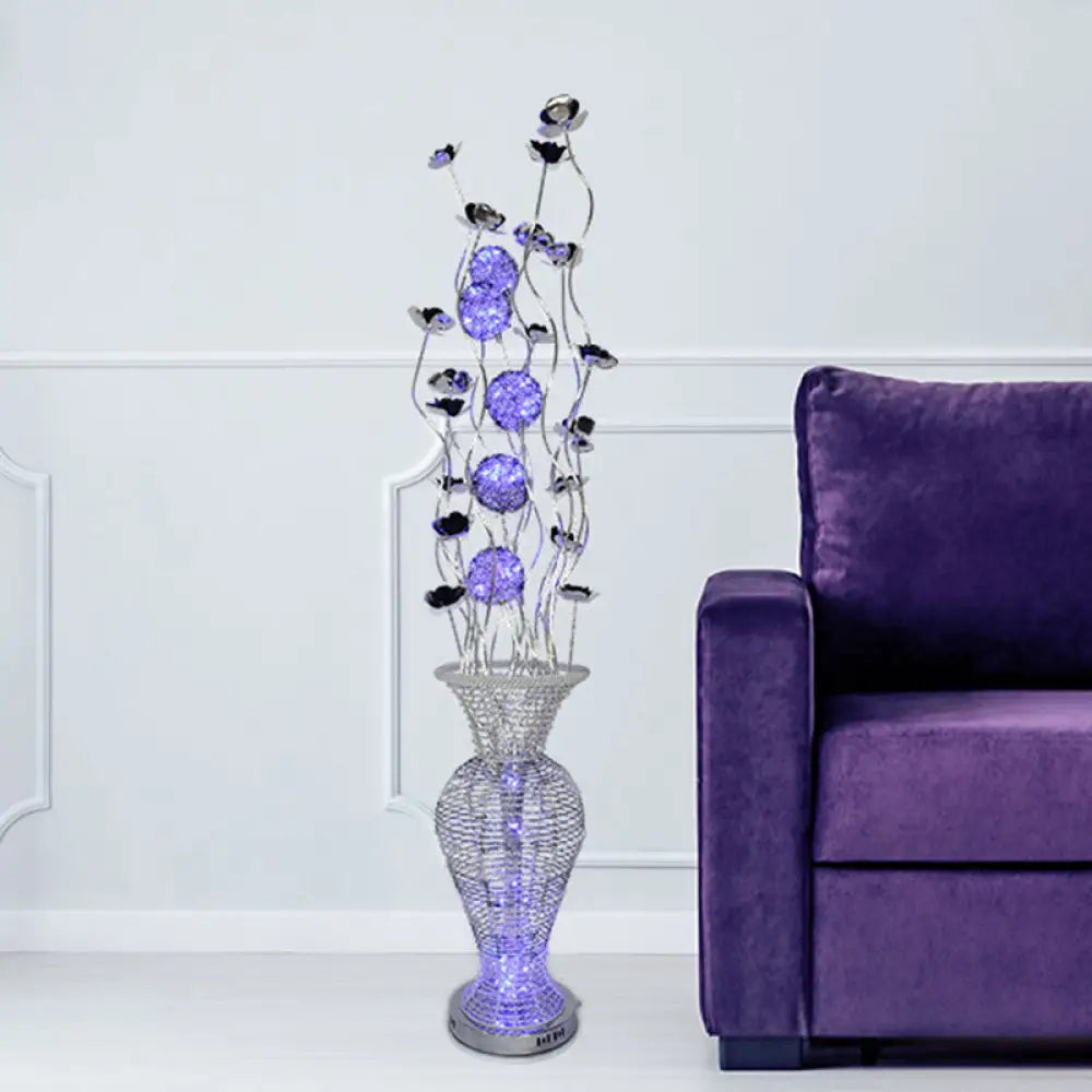 Modern Led Floor Lamp With Aluminum Blossom Design Black-Silver Finish And Purple Orb - Art Decor