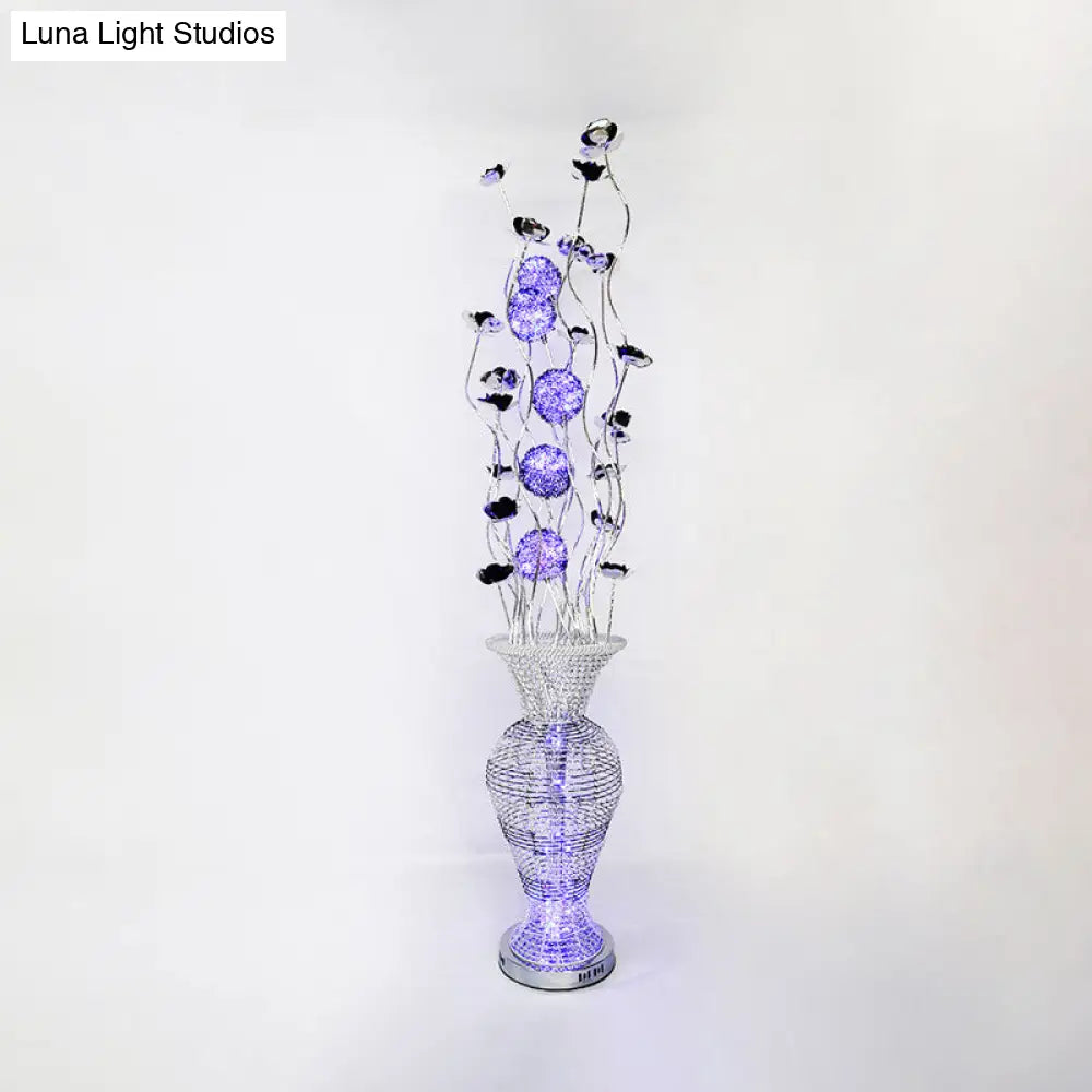 Modern Led Floor Lamp With Aluminum Blossom Design Black-Silver Finish And Purple Orb - Art Decor