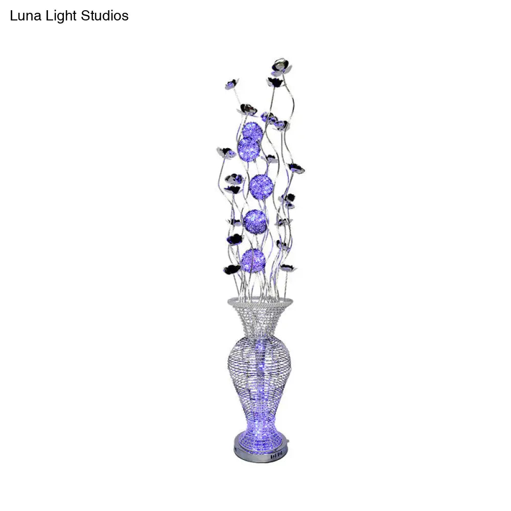 Modern Led Floor Lamp With Aluminum Blossom Design Black-Silver Finish And Purple Orb - Art Decor