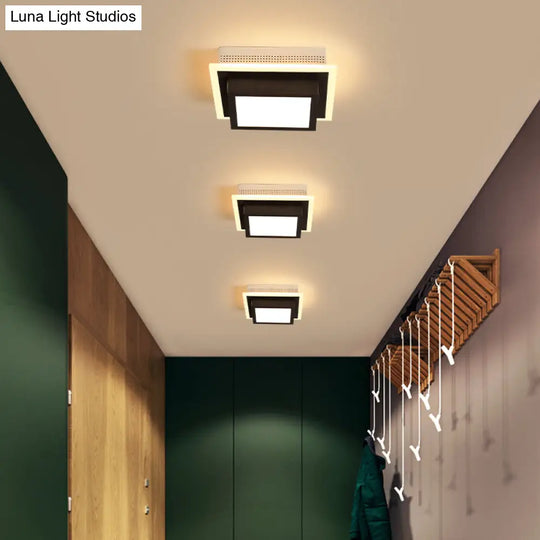 Modern Led Flush Ceiling Lamp In Black/White - Round Square Or Triangle Acrylic Design For Corridor