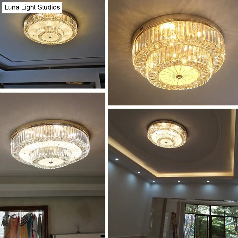 Modern Led Flush Ceiling Lamp With Clear Crystal Drum Shape For Living And Dining Room Lighting
