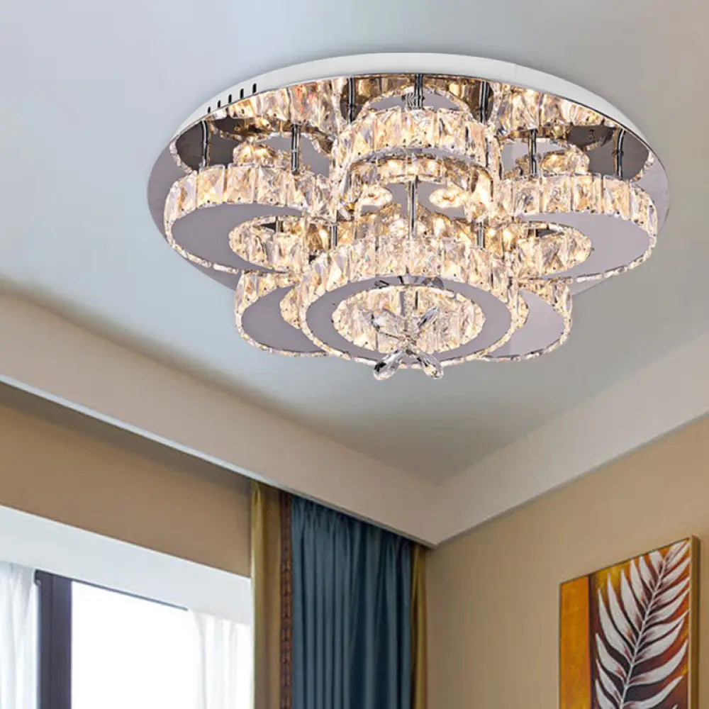 Modern Led Flush Ceiling Light: Floral - Like Crystal Mount In Chrome For Living Room -