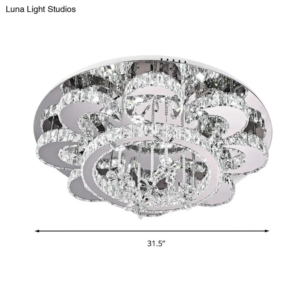 Modern Led Flush Ceiling Light: Floral-Like Crystal Mount In Chrome For Living Room - 23.5/31.5 Wide