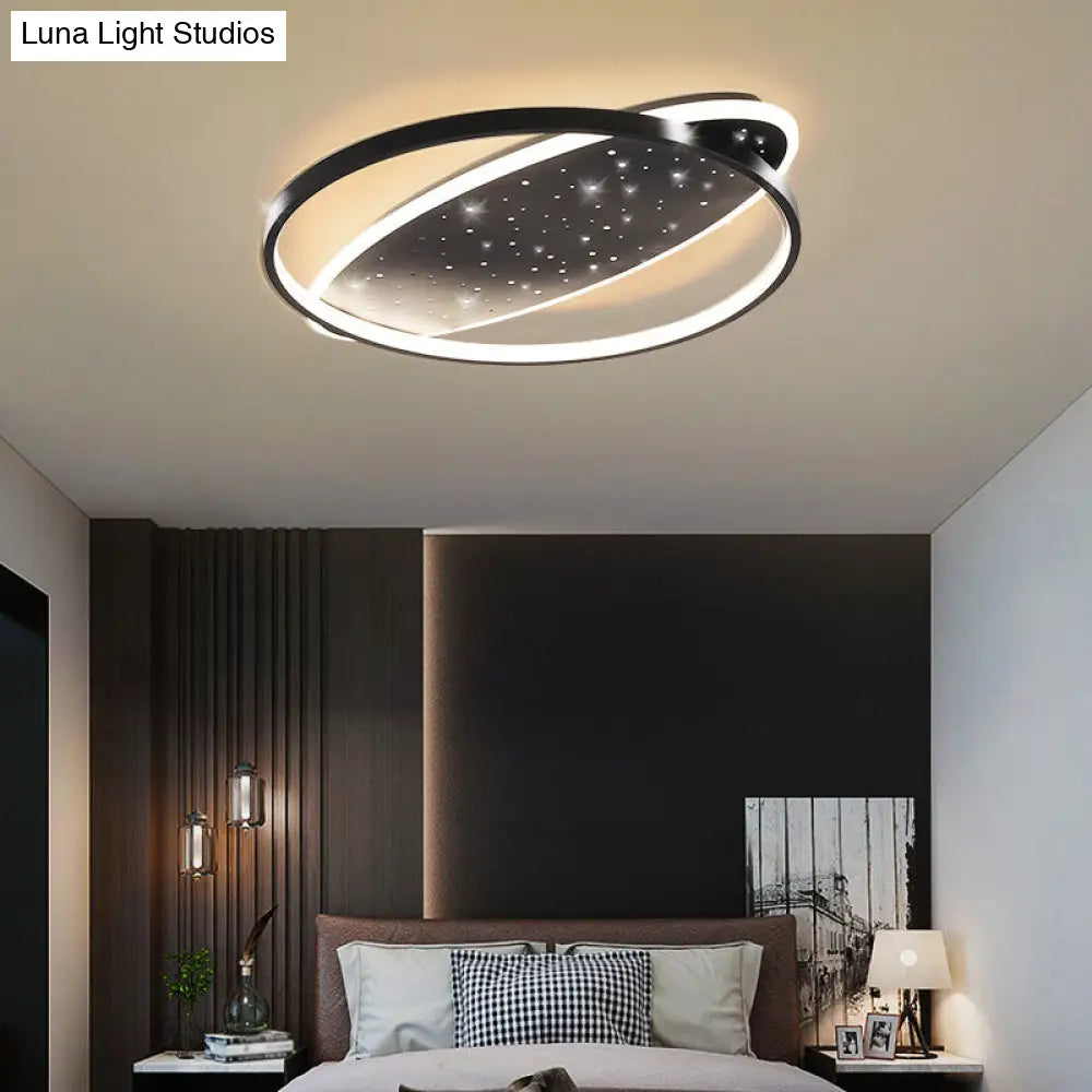 Modern Led Flush Ceiling Light In Black With Metallic Oval And Circular Design / A