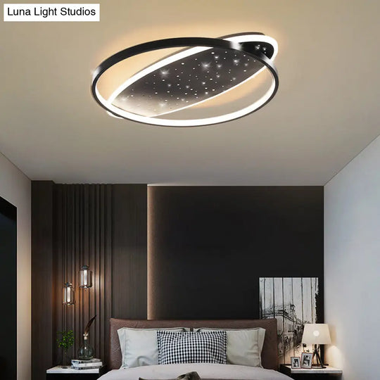 Modern Led Flush Ceiling Light In Black With Metallic Oval And Circular Design / A