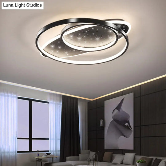 Modern Led Flush Ceiling Light In Black With Metallic Oval And Circular Design