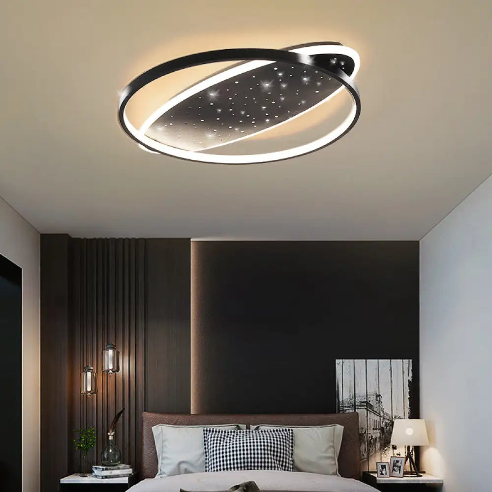 Modern Led Flush Ceiling Light In Black With Metallic Oval And Circular Design / A