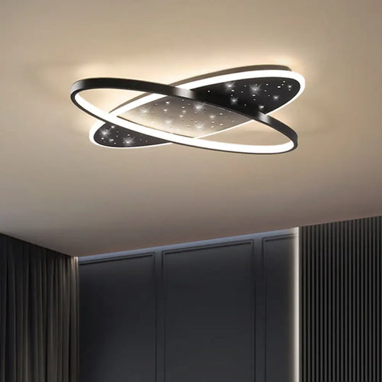 Modern Led Flush Ceiling Light In Black With Metallic Oval And Circular Design / C