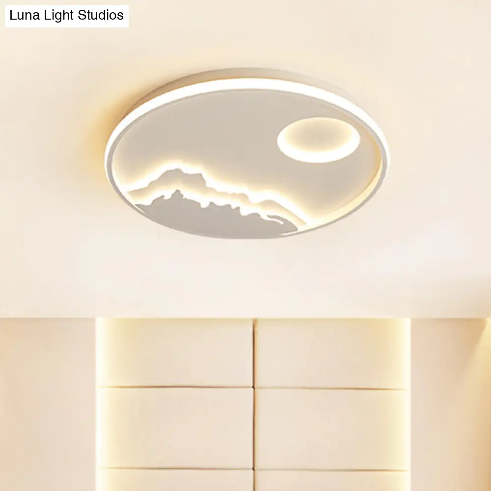 Modern Led Flush Ceiling Light With Artistic Acrylic White Ring And Mountain Decor