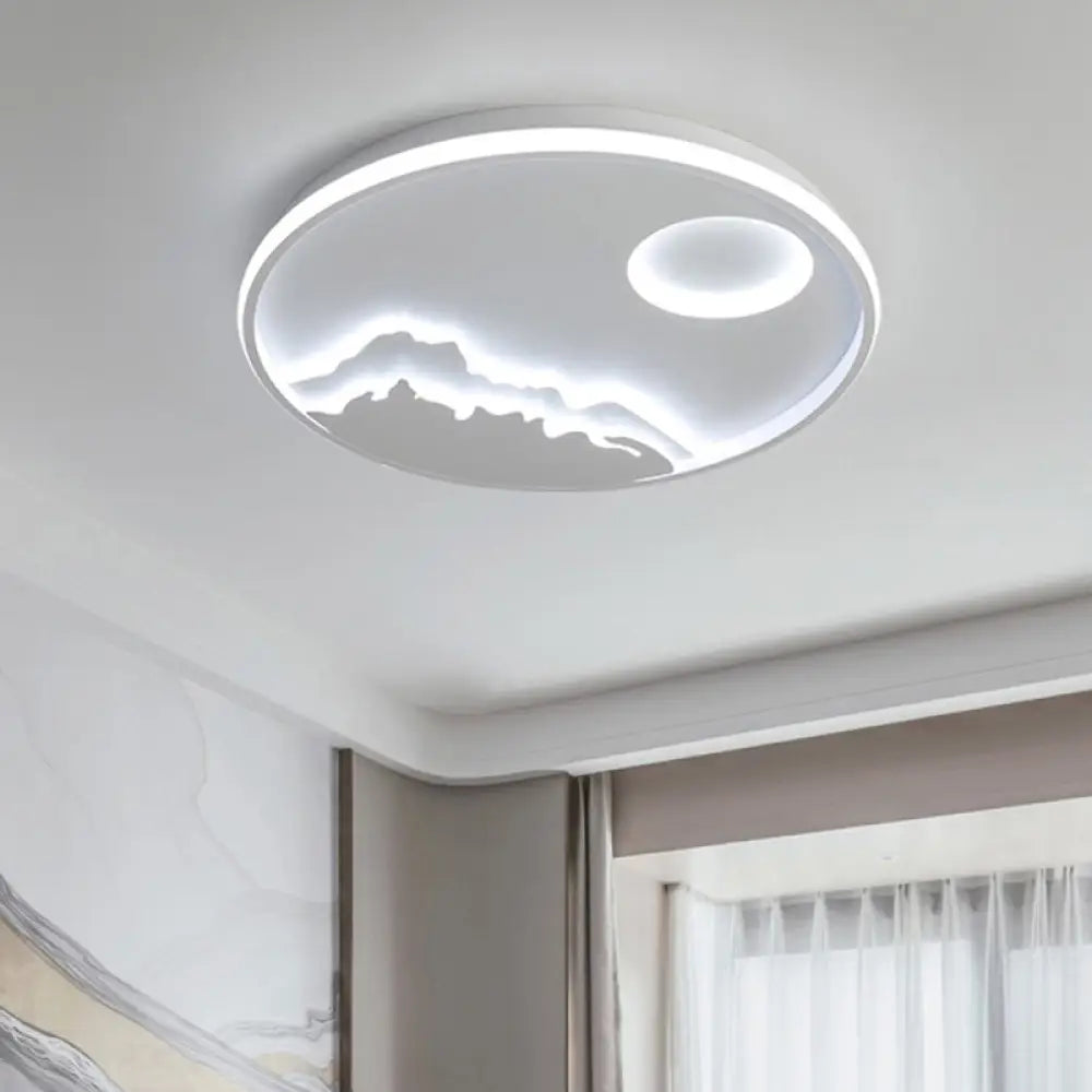 Modern Led Flush Ceiling Light With Artistic Acrylic White Ring And Mountain Decor / 21’ A