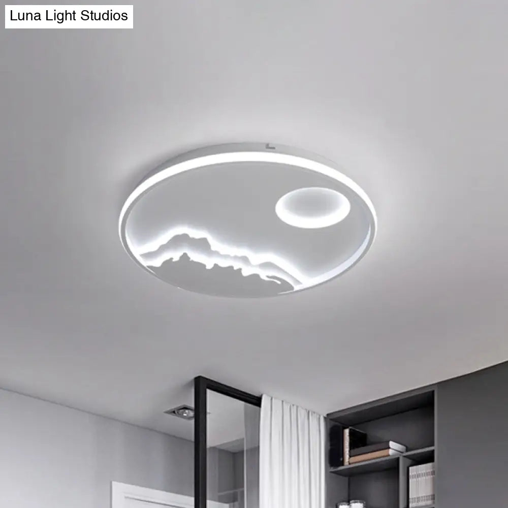 Modern Led Flush Ceiling Light With Artistic Acrylic White Ring And Mountain Decor