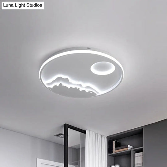 Modern Led Flush Ceiling Light With Artistic Acrylic White Ring And Mountain Decor