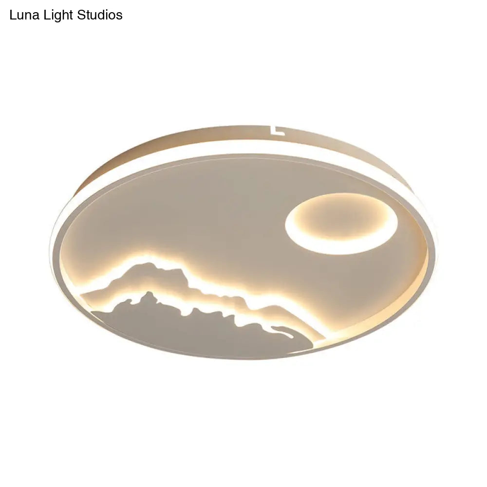 Modern Led Flush Ceiling Light With Artistic Acrylic White Ring And Mountain Decor