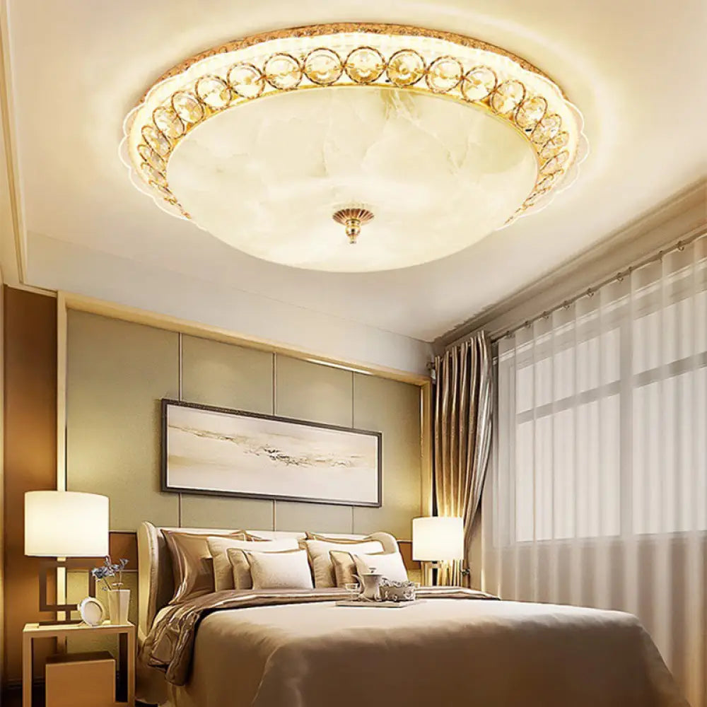 Modern Led Flush Ceiling Light With Textured Glass Bowl Crystal Accent In Gold - 12’/16’ Wide /