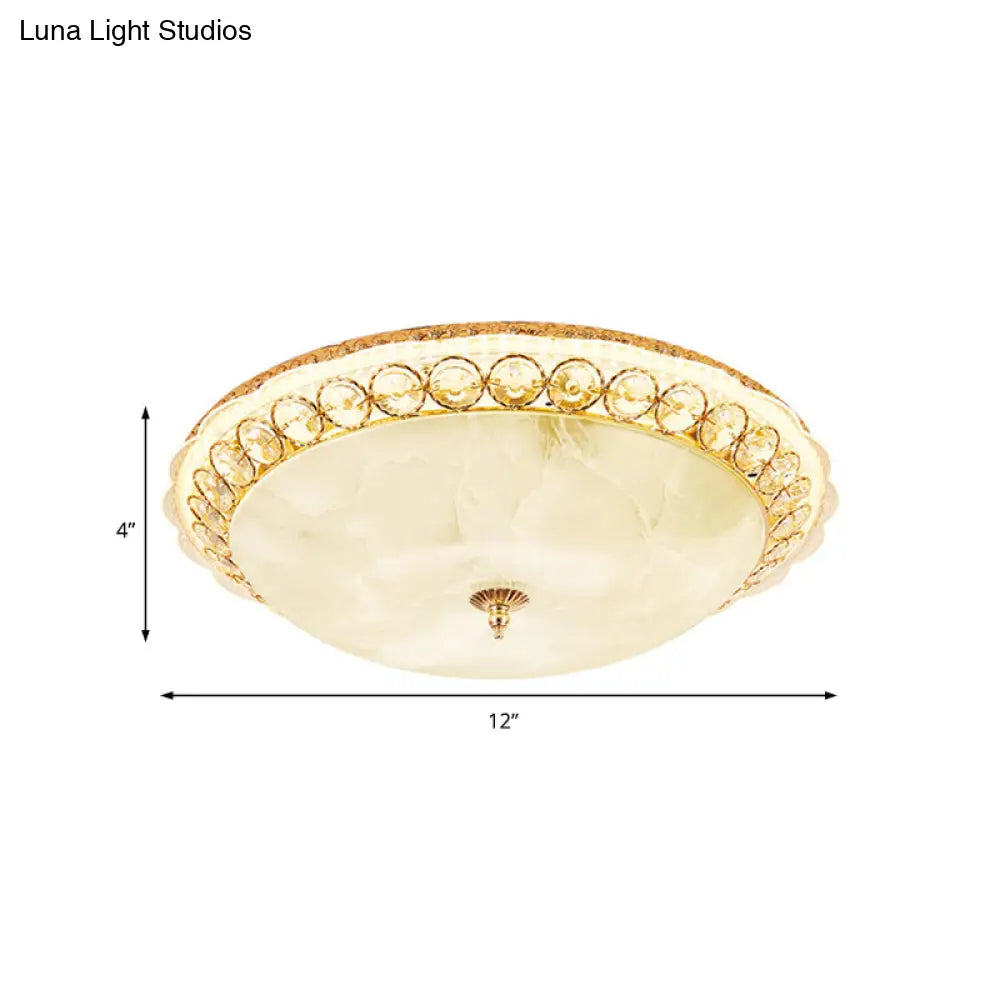 Modern Led Flush Ceiling Light With Textured Glass Bowl Crystal Accent In Gold - 12/16 Wide