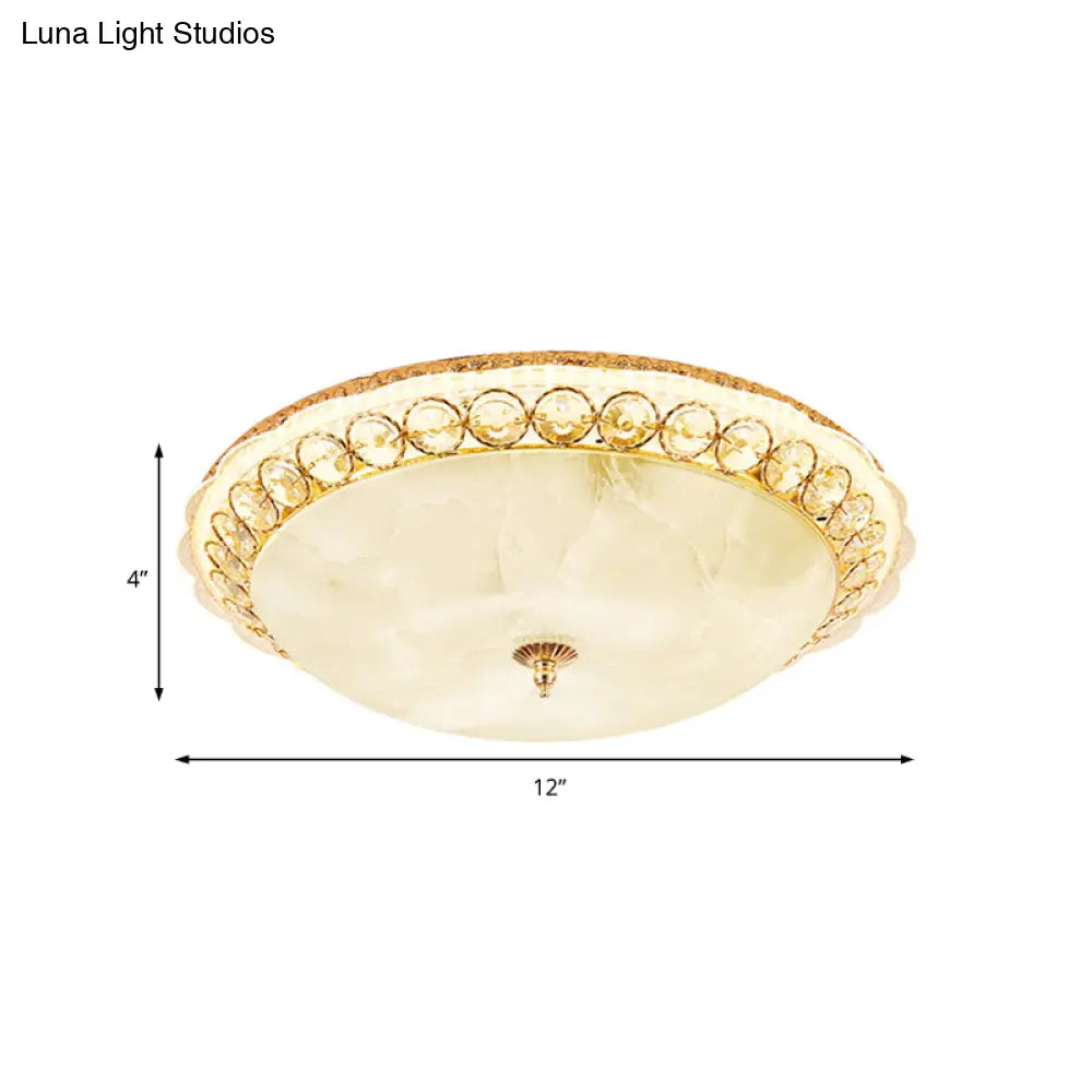 Modern Led Flush Ceiling Light With Textured Glass Bowl Crystal Accent In Gold - 12’/16’ Wide