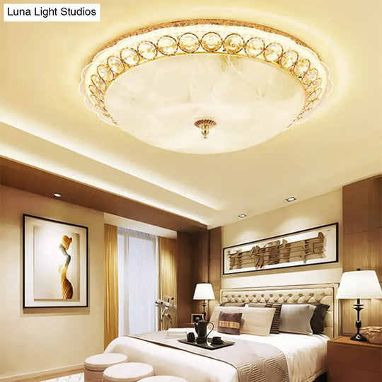 Modern Led Flush Ceiling Light With Textured Glass Bowl Crystal Accent In Gold - 12/16 Wide / 12