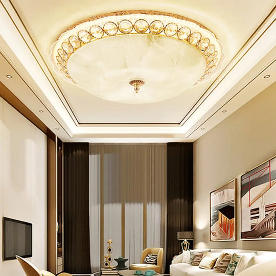 Modern Led Flush Ceiling Light With Textured Glass Bowl Crystal Accent In Gold - 12’/16’ Wide / 16’