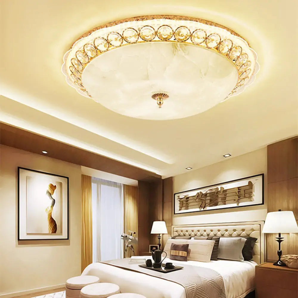 Modern Led Flush Ceiling Light With Textured Glass Bowl Crystal Accent In Gold - 12’/16’ Wide / 12’