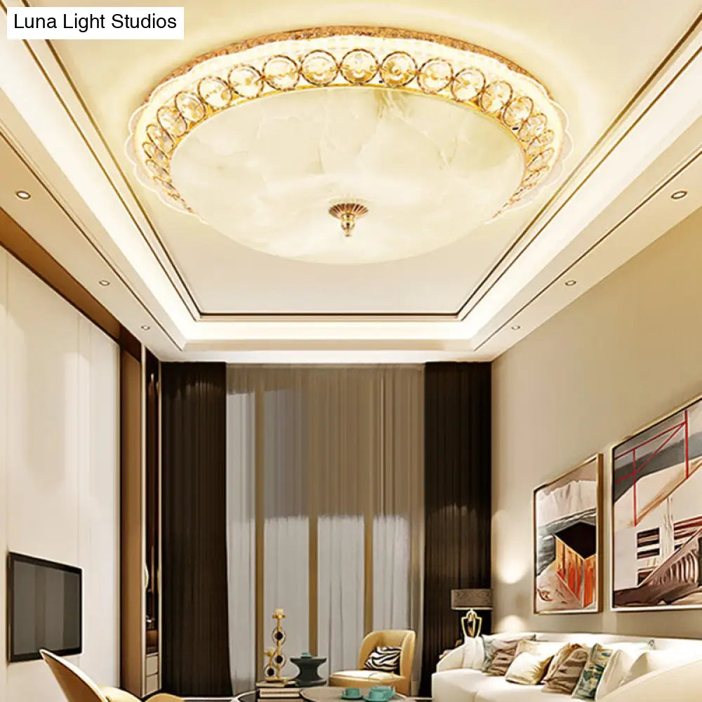 Modern Led Flush Ceiling Light With Textured Glass Bowl Crystal Accent In Gold - 12/16 Wide / 16
