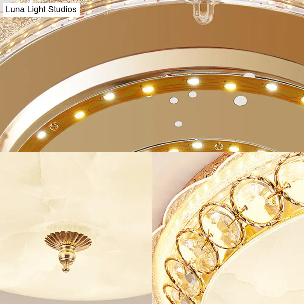 Modern Led Flush Ceiling Light With Textured Glass Bowl Crystal Accent In Gold - 12’/16’ Wide