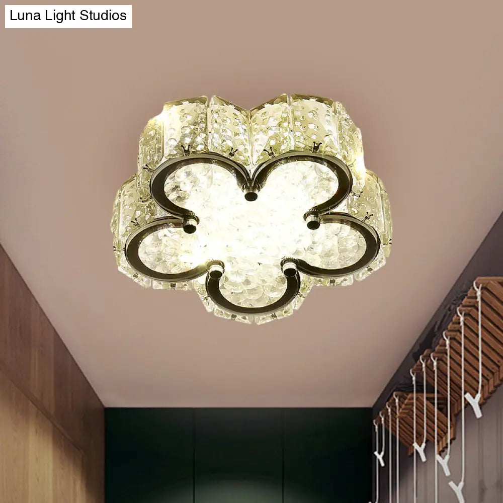 Modern Led Flush Lamp: Stainless-Steel Round/Square/Flower Ceiling Fixture With Clear Crystal Shade