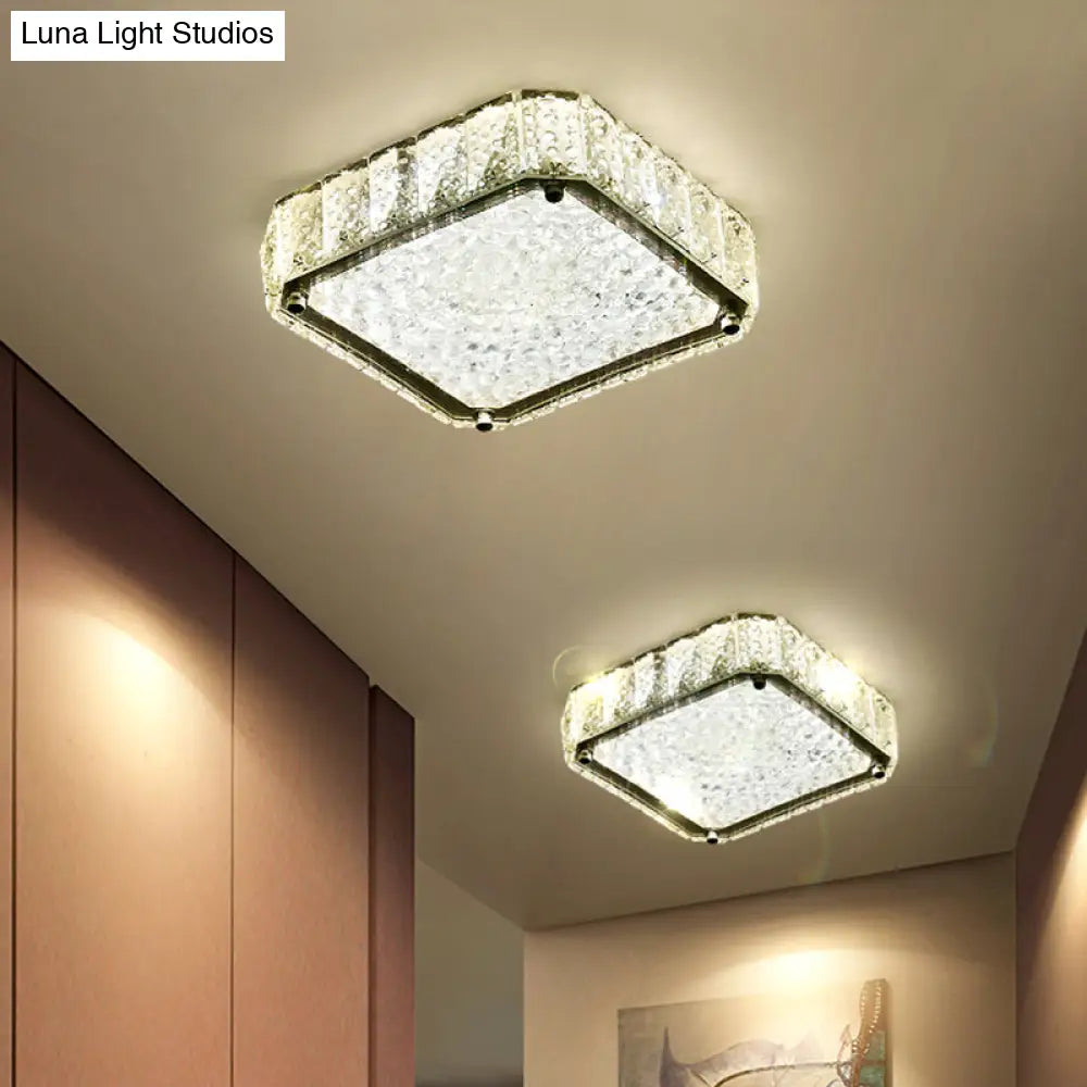 Modern Led Flush Lamp: Stainless-Steel Round/Square/Flower Ceiling Fixture With Clear Crystal Shade