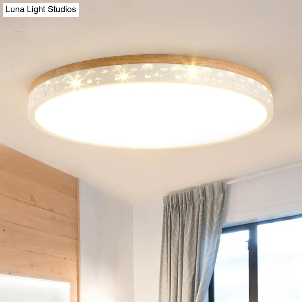Modern Led Flush Light Fixture: Wood Circle Design With Acrylic Diffuser - White/Warm 12/16/19.5