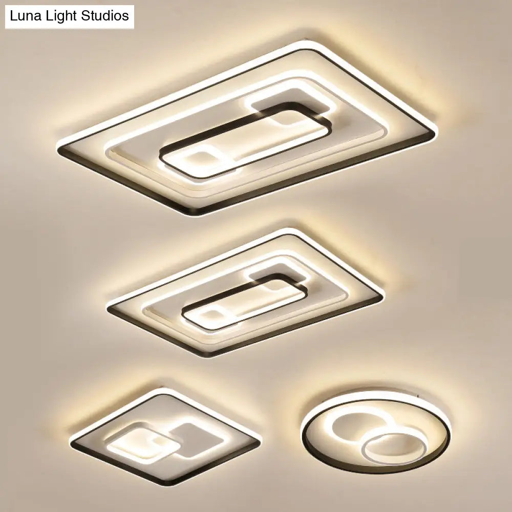 Modern Led Flush Light In Warm/White For Bedroom - Round/Square/Rectangular Shape Aluminum Black