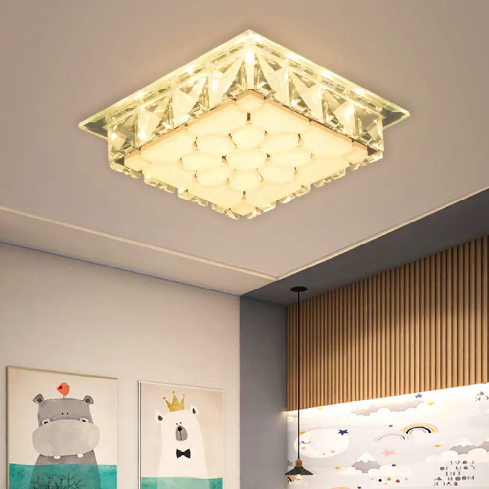 Modern Led Flush Mount Bedroom Ceiling Light With Etched Petal Design And Clear Crystal Shade