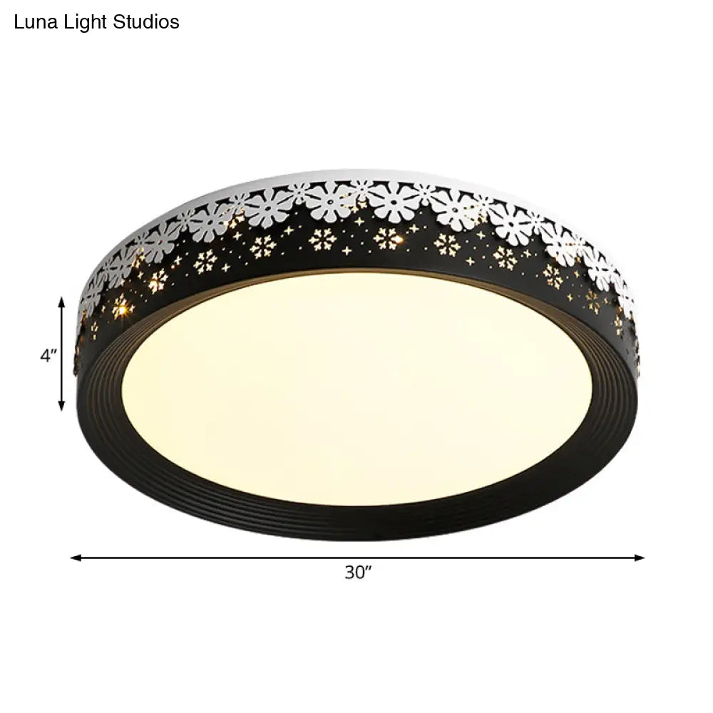 Modern Led Flush Mount Ceiling Light - Black Snowflake Pattern Acrylic Shade Warm/White 18/22/30 Dia