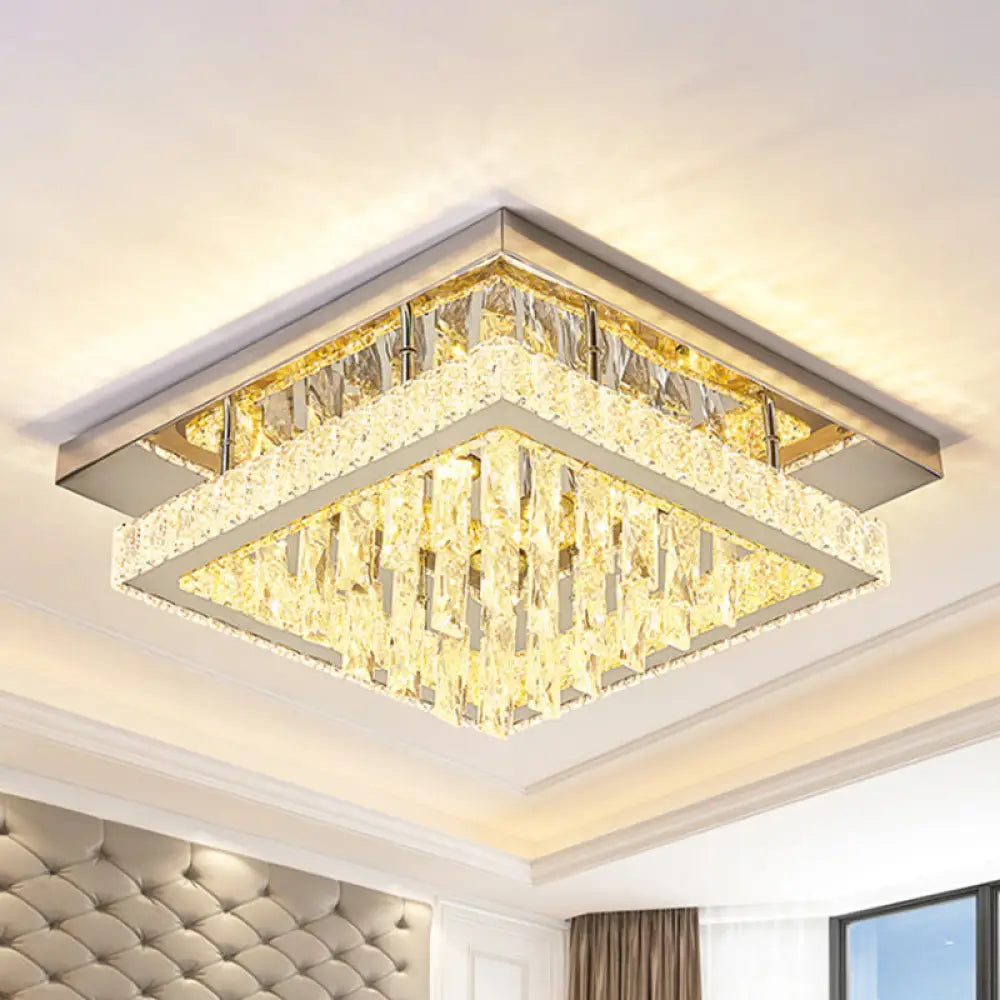 Modern Led Flush Mount Ceiling Light - Chrome Square Frame With Clear Crystal & Waterfall Design